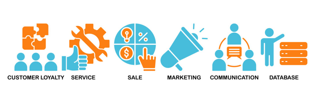 CRM icon set Aqua Orange Flat concept for customer relationship management with icon of customer loyalty, service, sale, marketing, communication, and database