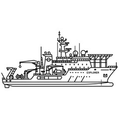 Obraz premium Detailed outline of a research vessel in side view isolated on white