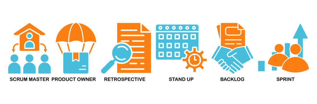 Scrum icon set Aqua Orange Flat concept for scrum master, product owner, retrospective, stand up, backlog, and sprint