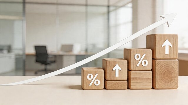 Business concept wooden blocks with percentage and arrow symbols on desk representing growth profit success investment strategy financial chart office background with blur depth