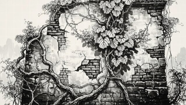 Ruin Wall and Vine: Intricate black-and-white drawing of aged ruin wall, with a wild vine crawling over weathered brick, conjuring a sense of time's passage and nature's embrace.