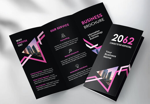 Corporate brochure design template &ndash; Professional modern tri-fold leaflet with geometric layout and business theme in Pink and Black 