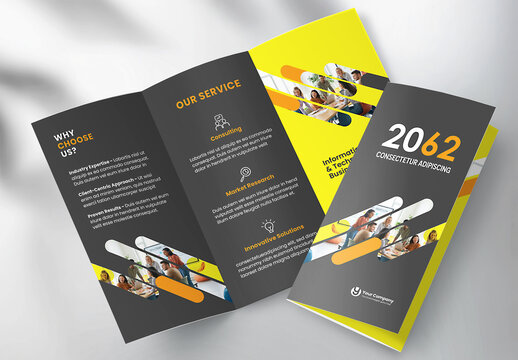 Corporate brochure design template &ndash; Professional modern tri-fold leaflet with geometric layout and business theme in Yellow and Orange