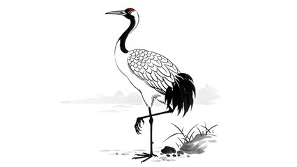 Fototapeta premium Crane Silhouette: A graceful crane, illustrated with simple strokes, stands in a serene marsh.