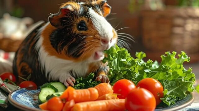 A cute small animal enjoys a healthy meal of fresh vegetables on a plate