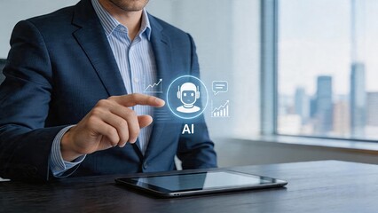 Fototapeta premium Businessman interacting with holographic artificial intelligence interface smart tablet technology futuristic digital workspace data analysis charts machine learning concepts AI