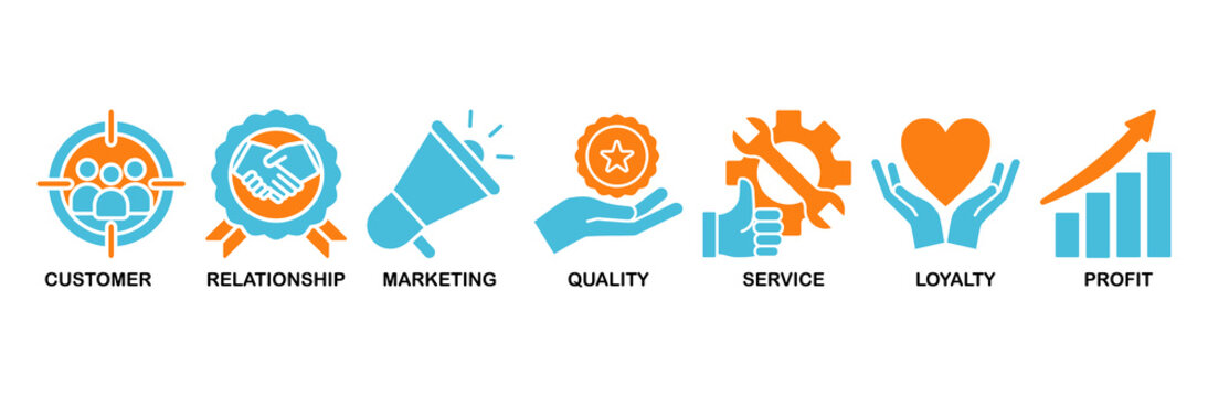 Customer relationship icon set Aqua Orange Flat concept for customer, relationship, marketing, quality, service, loyalty and profit