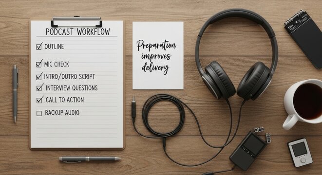 Podcast Workflow & Equipment: Outline, Headphones, Recorder, Coffee, Phone