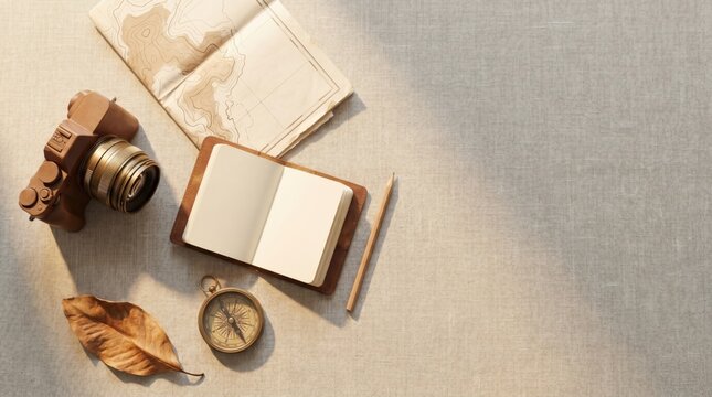 Vintage Travel Photography Kit with Camera, Notebook, and Compass on Textured Background.