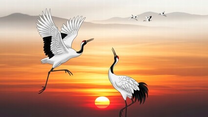 Fototapeta premium Crane Serenity: A pair of majestic cranes, with graceful posture, takes flight against the serene backdrop of a misty horizon at dusk, embodying tranquility.