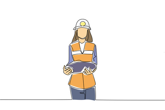 One line drawing presents a confident woman holding a raw mineral stone hat for an industry concept. This graphic illustration perfectly suits an International Women in Mining Day web post.