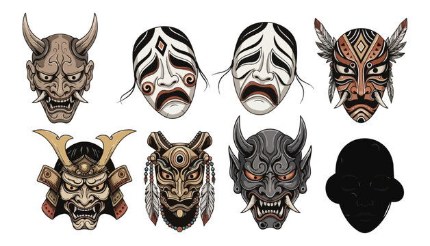 Collection of decorative masks with various designs and expressions