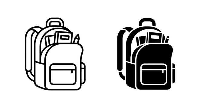 School Backpack Icons, Open Bag with Books and Pen, Vector Graphics for Education and Travel