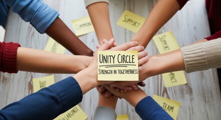 Obraz premium Teamwork unity circle with hands stacked, strength in togetherness message
