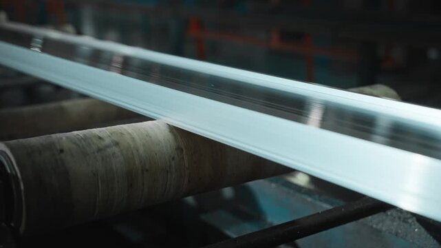 Reflective Metal Strip Seamlessly Moving With Inline Sensors Under Glowing Factory Illumination