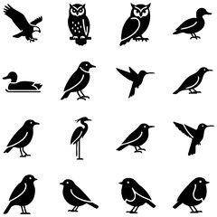 Obraz premium Collection of 16 diverse bird silhouettes including owls eagles ducks hummingbirds for graphic design projects with silhouette
