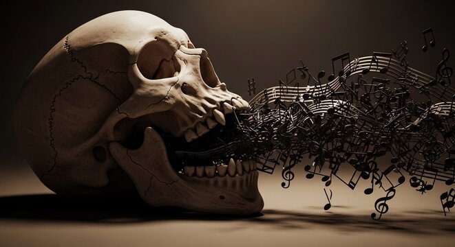Eerie skull exhales a symphony of dissolving musical notes in dramatic, moody lighting.