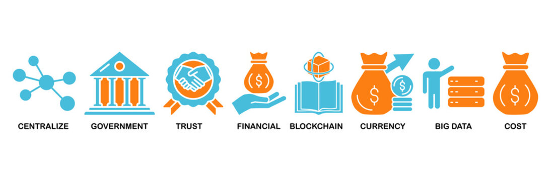 CBDC icon set Aqua Orange Flat concept for central bank digital currency with icons of centralize, government, trust, financial, blockchain, currency, big data and cost