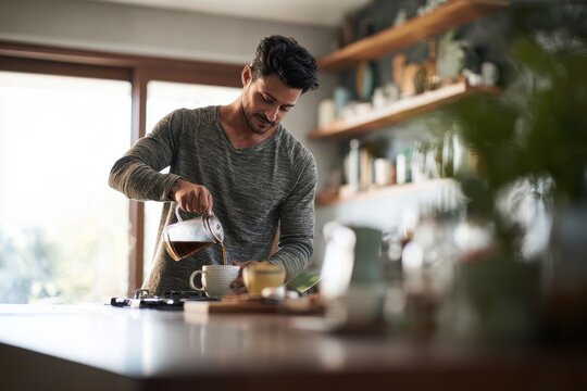 Hispanic man pouring tea in kitchen morning routine