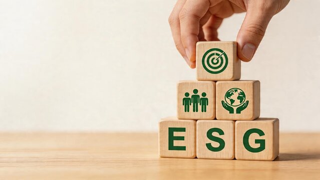 Business man stacking wooden blocks to build pyramid ESG acronym at bottom target symbol on top block for success green earth icon group of people social responsibility corporate