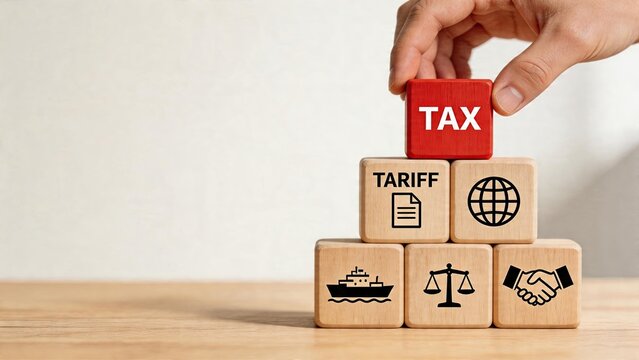 Businessman placing tax block financial planning concept tariffs global economy shipping justice scale handshake deal income management strategy