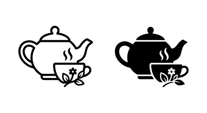 Tea Set Icons, Hot Beverage Teapot and Cup Graphics, Herbal Drink Vector Symbols