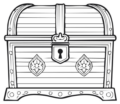 Monochrome outline illustration of an antique wooden treasure chest with keyhole, old box for storing valuables