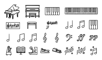 Piano Line Art Icon Set Black and White Music Instrument Vector Collection © Shaha