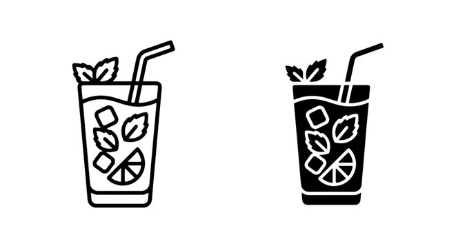 black and white vector icons set featuring two different styles of mojito drinks with mint leaves ice cubes lemon