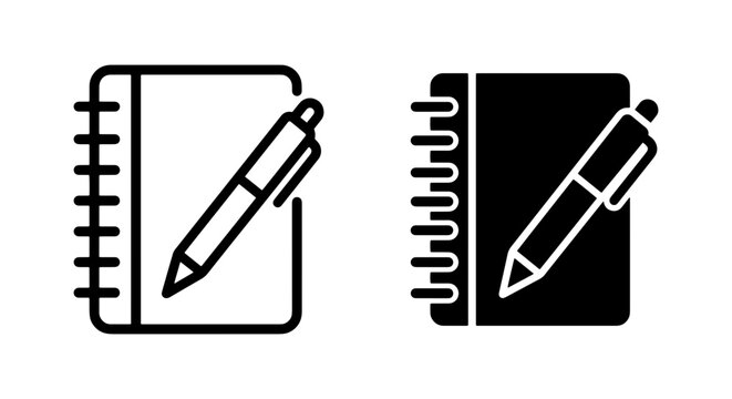 set of notebook and pen outline icons in black and white on transparent background