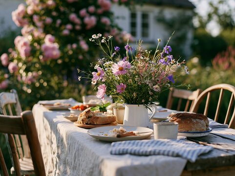 Sun-drenched farmhouse cottage table set with fresh flowers, bread, and plates, surrounded by blooming pink roses in a garden setting