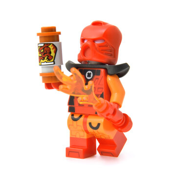 Editorial illustrative image of collectable minifigure of bionicle legendary red robot.