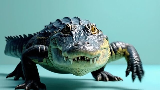 A large reptile with sharp teeth and a textured, scaly skin is shown