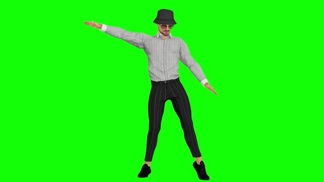 dancer steps with a lively gesture on green screen, isolated for chroma key compositing in music, entertainment, advertising, and video production. Ready for stock video editing.