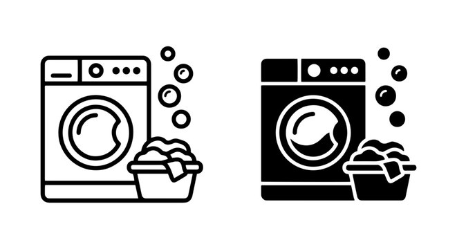 Washing Machine Icons, Laundry Basket with Clothes, Bubbles, Household Appliance Vector Set