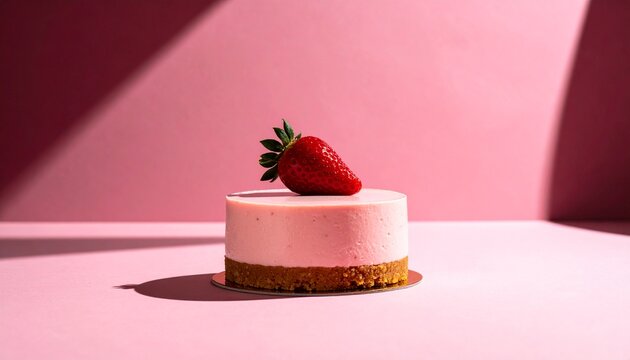 Delicious cream cake with toasted macadamia halves and a strawberry on top sits on a pink surface
