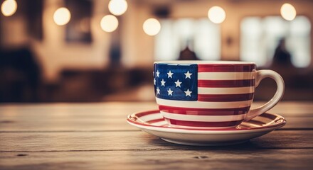 Independence day celebration american flag mug on wooden table
