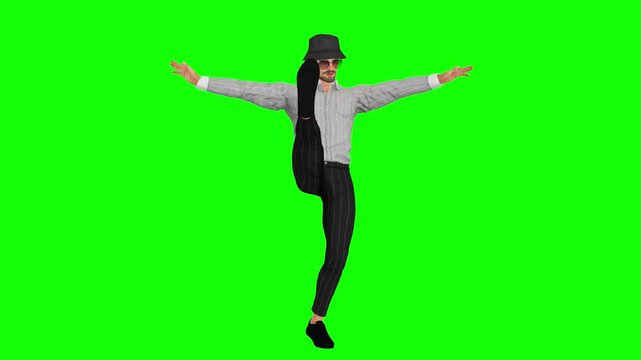 dancer spreads his arms in a dance pose on green screen, isolated for chroma key compositing in music, entertainment, advertising, and video production. Suitable for stock footage.
