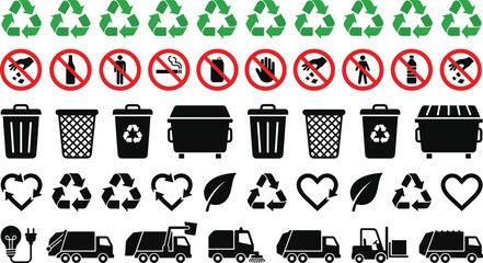 Comprehensive collection of recycling symbols waste management icons garbage trucks and forbidden littering signs for environmental ecology and sustainable green projects © Arifa