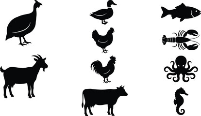 Mixed animal silhouettes collection featuring poultry, livestock and marine creatures including duck, chicken, goat, cow, fish, lobster, octopus and seahorse © Arifa