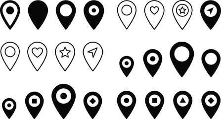 Large collection of map pin icons and location pointers in various styles including heart star and arrow symbols for navigation vector design © Arifa