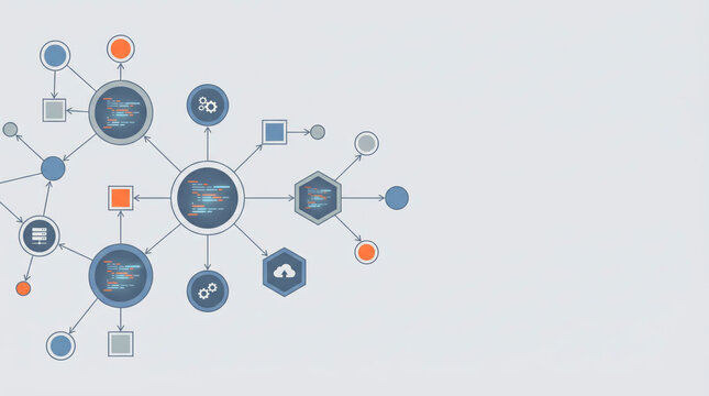 Software development workflow and automation system process diagram featuring code snippets cloud integration and technical infrastructure for digital business optimization and engineering.