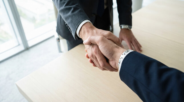 Professional corporate businessmen shaking hands sealing successful deal agreement confirming strong partnership collaboration teamwork welcoming new client during formal meeting