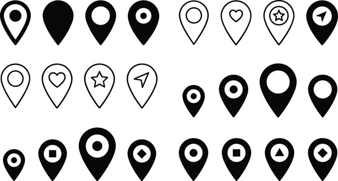 Large collection of map pin icons and location pointers in various styles including heart star and arrow symbols for navigation vector design
