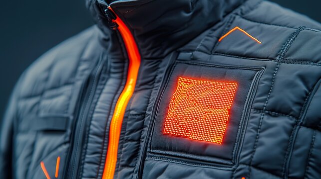 Futuristic Smart Jacket with Neon Interface Design on Dark Background