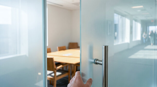 First person view hand opening frosted glass door entering empty bright modern corporate business office meeting room from illuminated hallway