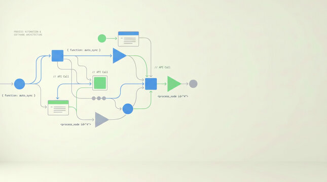 Comprehensive software development workflow and automation system process diagram showing technical architecture logic for cloud computing infrastructure and digital data management solutions.