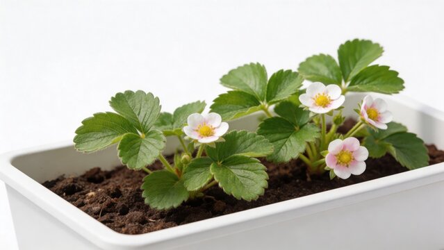 Strawberry plant with flowers in pot