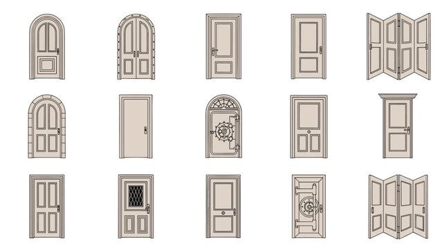 Large set of fifteen different door designs including traditional wooden doors, arched entries, folding doors, and a vault safe.