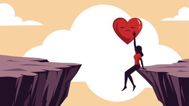 Silhouette of a woman sitting on the edge of a cliff reaching up toward a giant floating red heart with a sad expression.